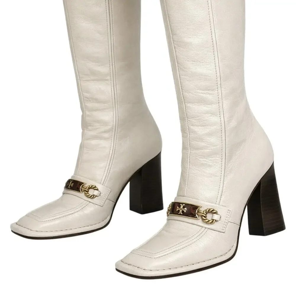 Tory Burch Logo Boots Tall Ivory Genuine Leather Knee High Size 6 Box Bag Incl